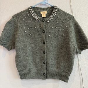 Camila Coelho Embellished Short-Sleeve Gray Knit Cardigan Sweater